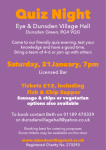 Purple flyer for the upcoming quiz night