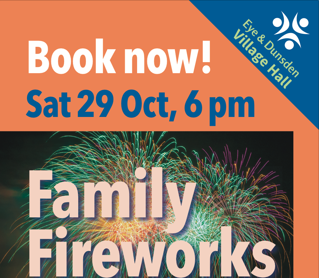 Flyer advertising family fireworks at Dunsden village hall