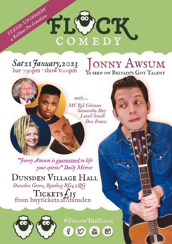 Flyer advertising stand-up comedy at Dunsden village hall